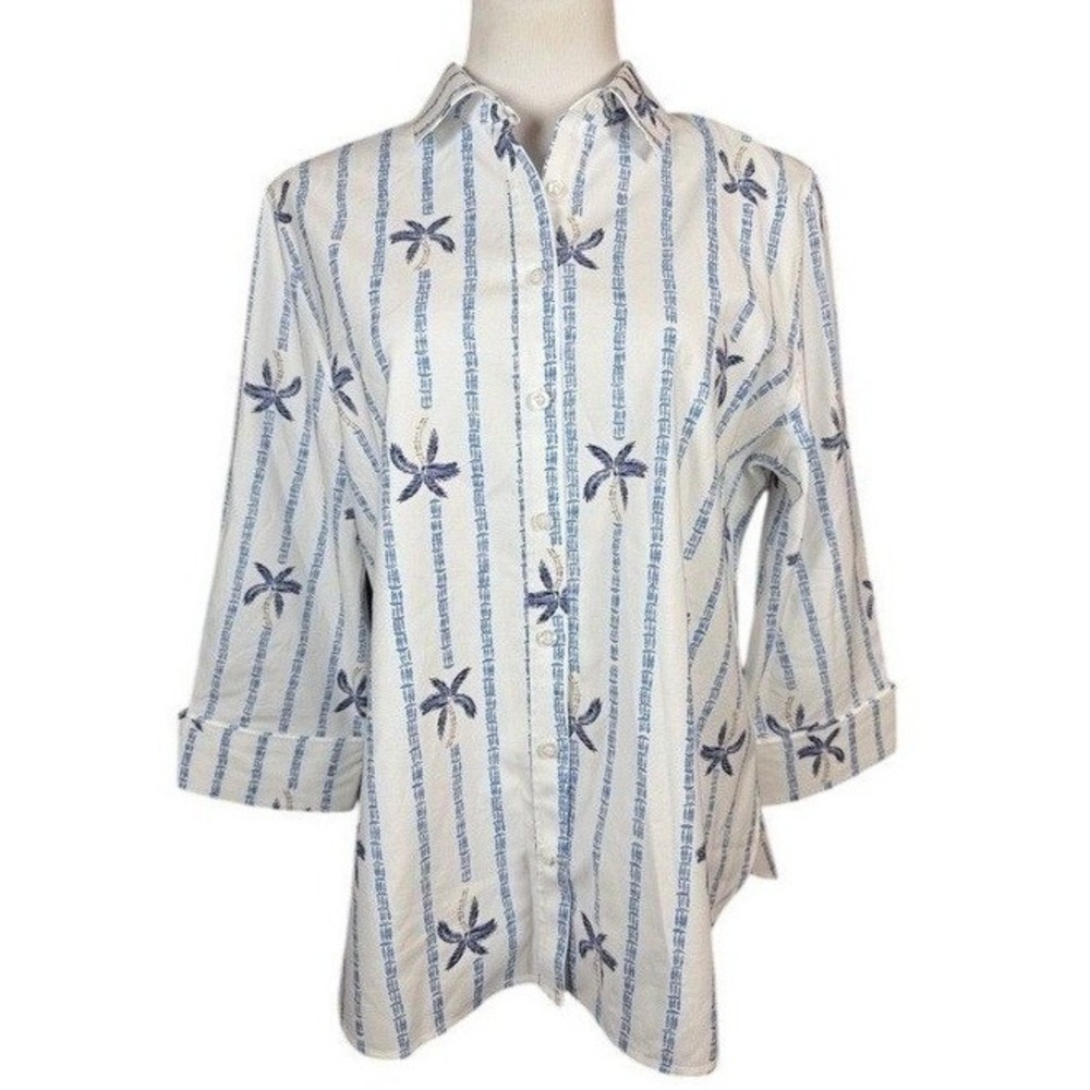 Chicos Size 2‎ US 12 White Blue Palm Tree Stripe 3/4 Sleeve Button Down Shirt